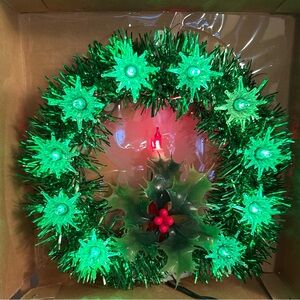 Vintage Green Tinsel Christmas Tree Topper Holiday Wreath Candle Holly Accents